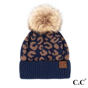 C.C Leopard Print Beanie with Faux Fur Pom - Prussian Blue